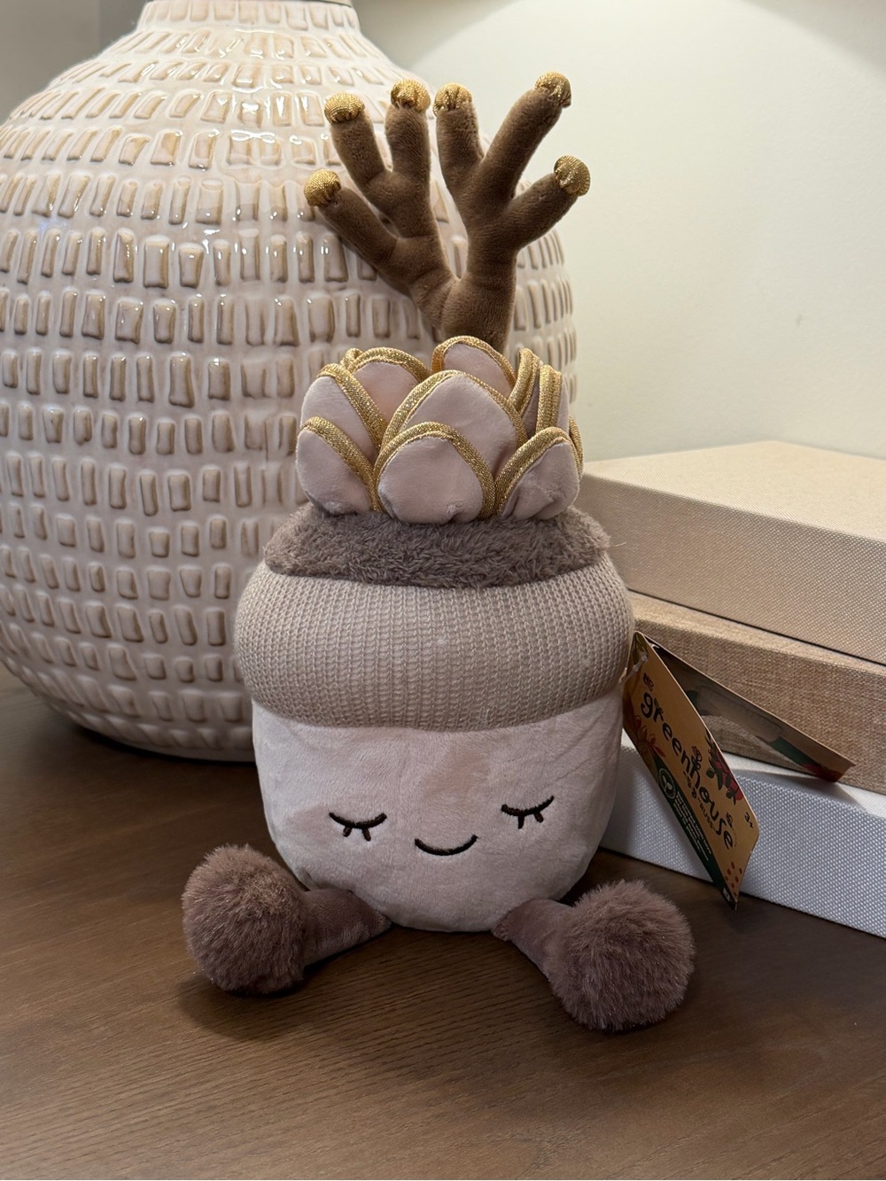 Greenhouse Russ Plush Pinecone Holiday Accent - Beige with Gold Trim